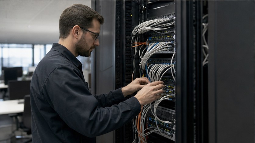 Szerverrack kábelezésének rendezése informatikai karbantartásnál