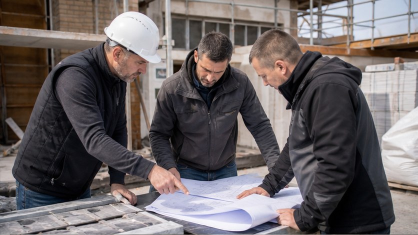 Kivitelezési terv egyeztetése építési helyszínen
