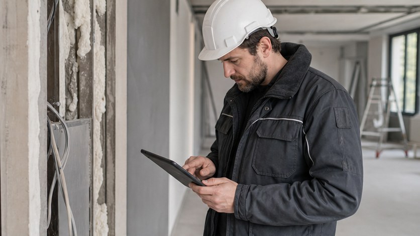 Projektmenedzser helyszíni bejáráson tablettel